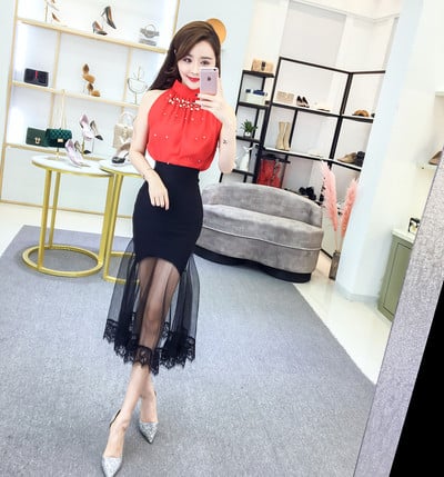 Stílusos női ing és szoknya szett magas derékkal dörzsölte a színeket