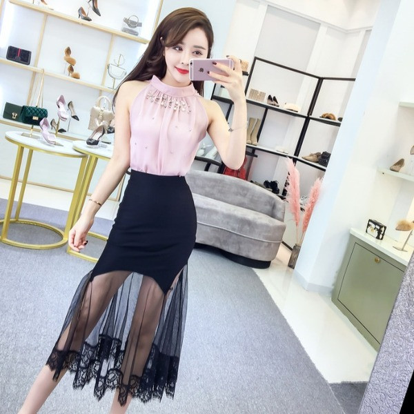 Stílusos női ing és szoknya szett magas derékkal dörzsölte a színeket