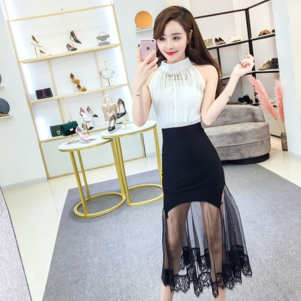 Stílusos női ing és szoknya szett magas derékkal dörzsölte a színeket