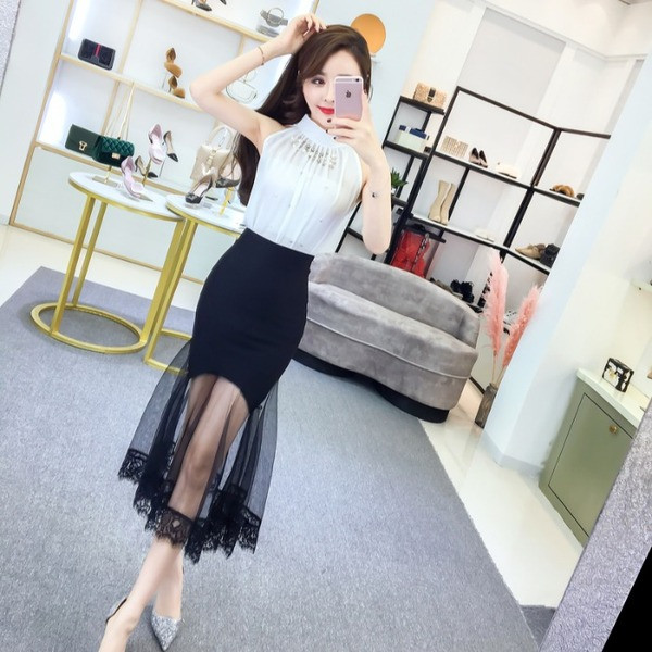 Stílusos női ing és szoknya szett magas derékkal dörzsölte a színeket