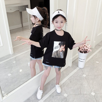 Детска модерна тениска за момичета в черен и бял цвят