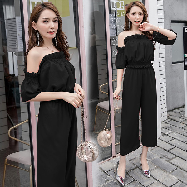 Μοντέρνες γυναικείες ολόσωμες φόρμες  με γυμνούς ώμους σε κόκκινο, κίτρινο και μαύρο χρώμα