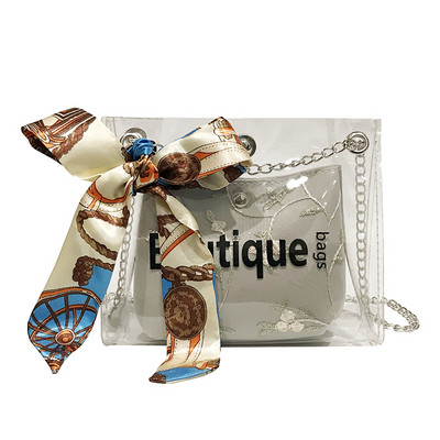 Geanta de dama moderna cu husa transparenta si broderie in patru culori