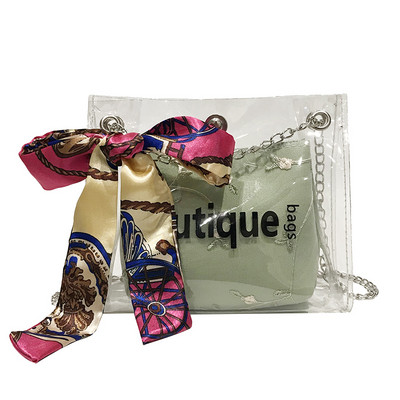 Geanta de dama moderna cu husa transparenta si broderie in patru culori