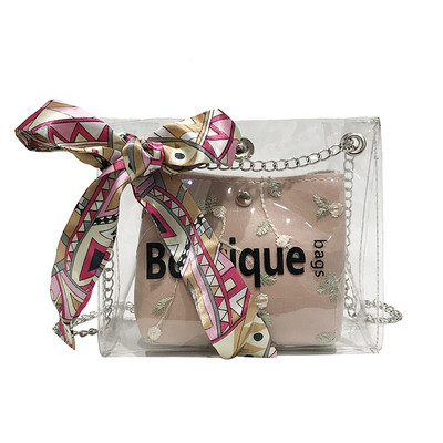 Geanta de dama moderna cu husa transparenta si broderie in patru culori