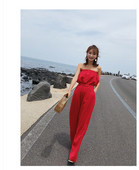 Дамски дълъг гащеризон без презрамки в червен цвят