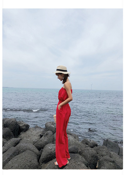 Дамски дълъг гащеризон без презрамки в червен цвят