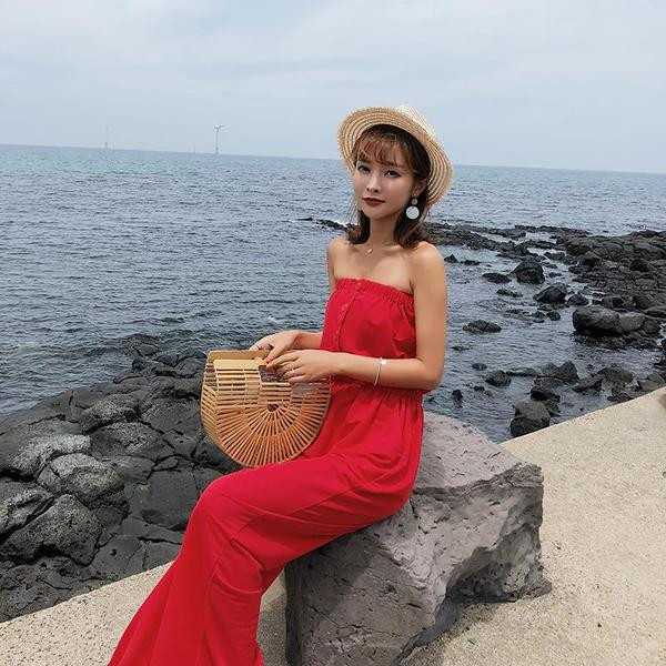 Дамски дълъг гащеризон без презрамки в червен цвят