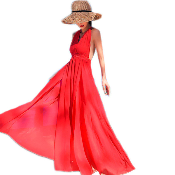 Modern hosszú női ruha csupasz háttal, piros színben