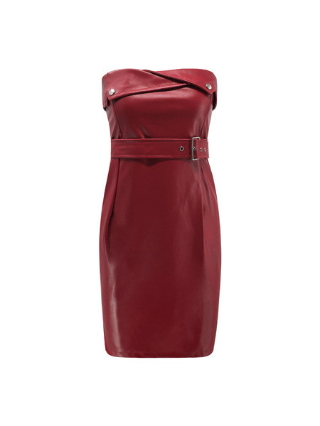 Eko bőrből készült stílusos női ruha piros, fekete és kék övvel