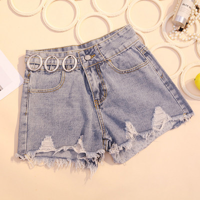 Къси дамски панталони със скъсани мотиви и метални елементи в син и черен цвят