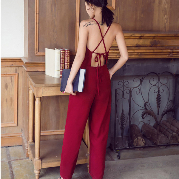 Stílusos női hosszú overall vékony piros pánttal