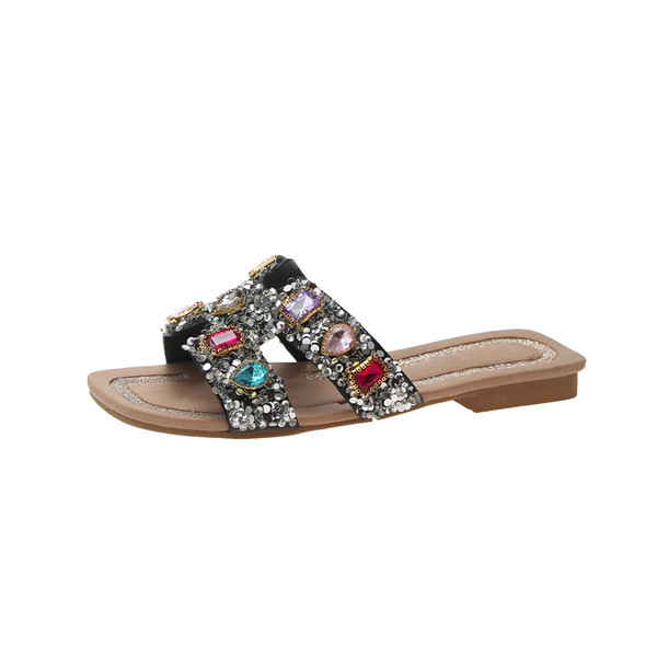Modern női papucs színes kövekkel fekete és szürke színben