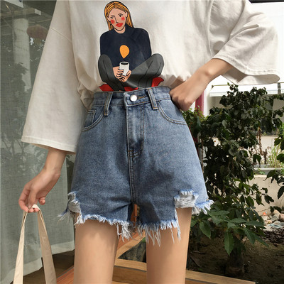 Modern rövid farmer szakadt motívumokkal, magas derékkal, kék színben