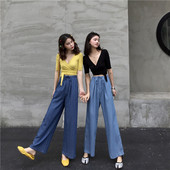 Pantaloni casual dama cu talie inalta in albastru