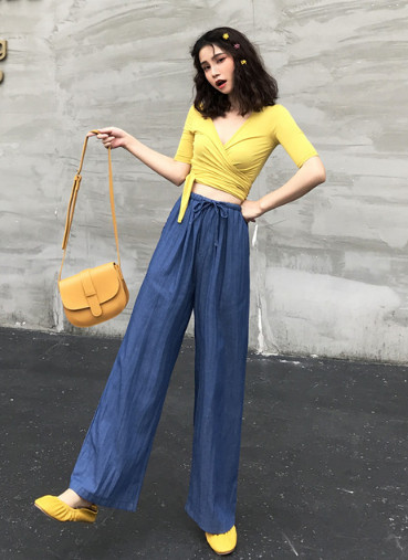 Pantaloni casual dama cu talie inalta in albastru