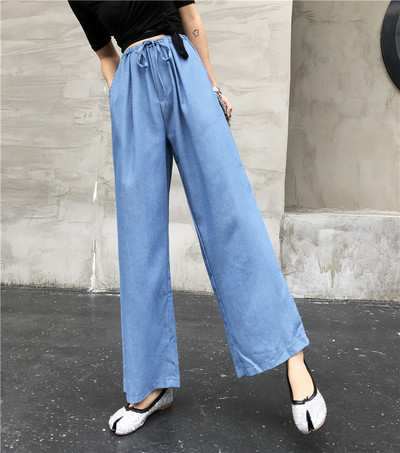 Pantaloni casual dama cu talie inalta in albastru