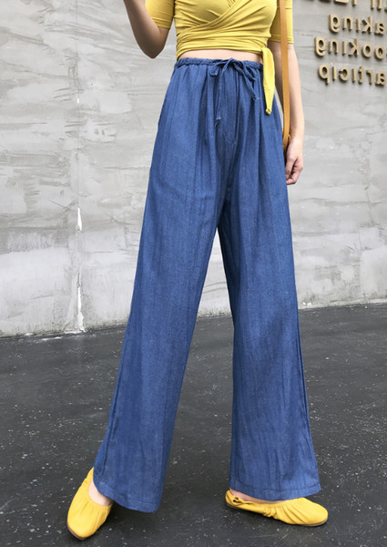 Pantaloni casual dama cu talie inalta in albastru