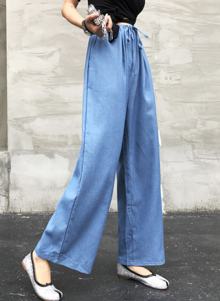 Pantaloni casual dama cu talie inalta in albastru