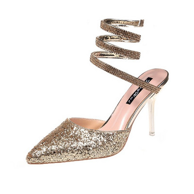 Актуални дамски обувки с висок ток в няколко цвята с бляскав ефект