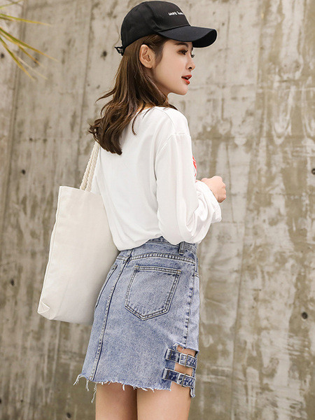 Актуална дънкова пола с висока талия в черен и син цвят