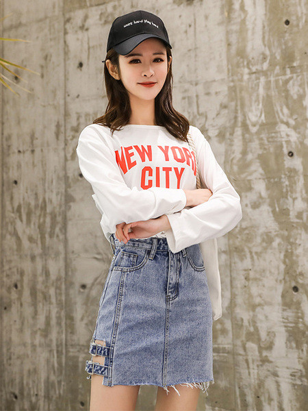 Актуална дънкова пола с висока талия в черен и син цвят