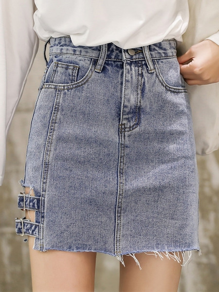 Актуална дънкова пола с висока талия в черен и син цвят