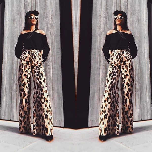 Стилен дамски панталон с леопардов десен и висока талия в два цвята 