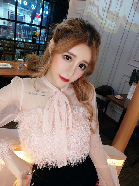 Модерна дамска риза с дълъг ръкав и 3D елементи в два цвята