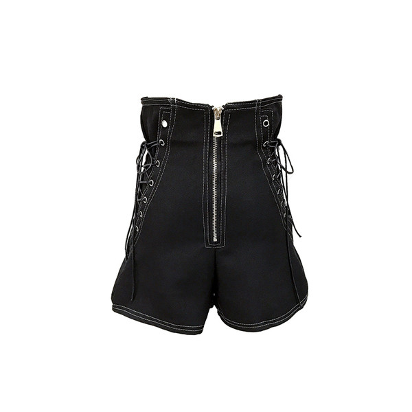 Стилен дамски къс панталон с висока талия и връзки в черен и бял цвят