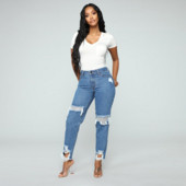 Дамски дънки с висока талия и разкъсани мотиви в син цвят 