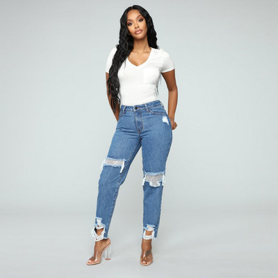 Дамски дънки с висока талия и разкъсани мотиви в син цвят 