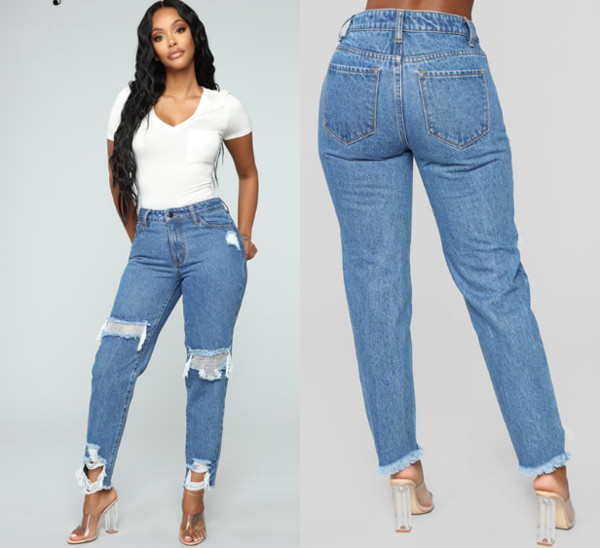 Дамски дънки с висока талия и разкъсани мотиви в син цвят 