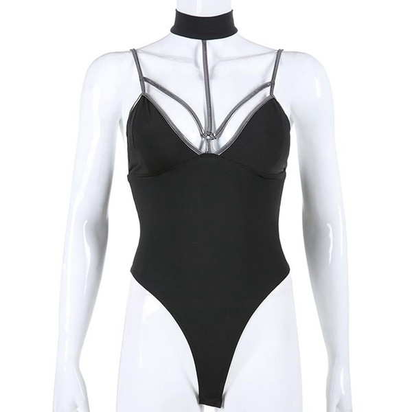 Модерно дамско боди с тънки презрамки в черен цвят