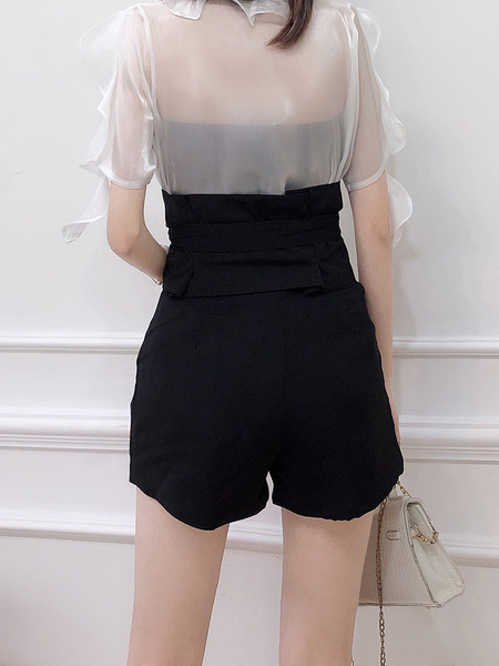 Модерен дамски панталон с висока талия и колан в черен и бял цвят