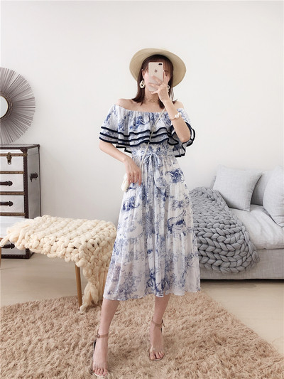 Дълга лятна рокля с голи рамене в два цвята