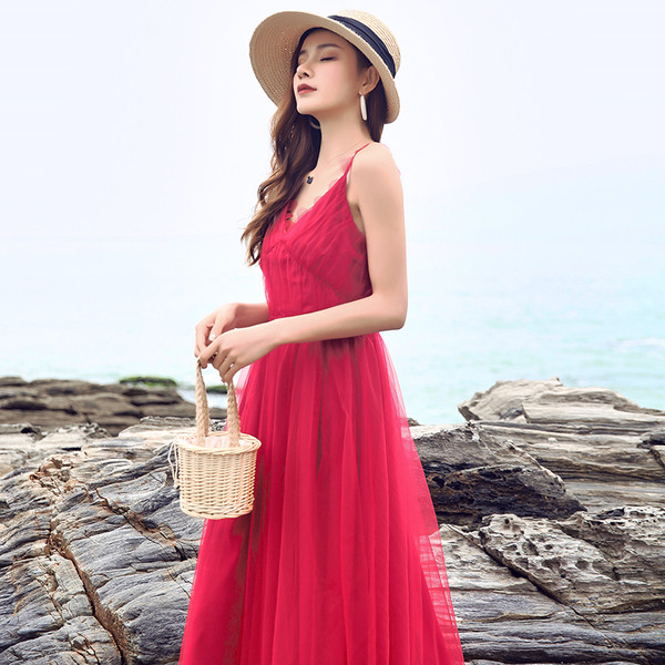 Стилна дамска рокля с тюл в червен цвят