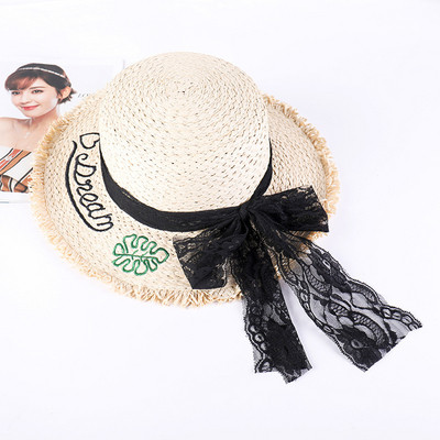 Palarie de plaja eleganta cu broderie si panglica din dantela