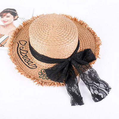 Palarie de plaja eleganta cu broderie si panglica din dantela