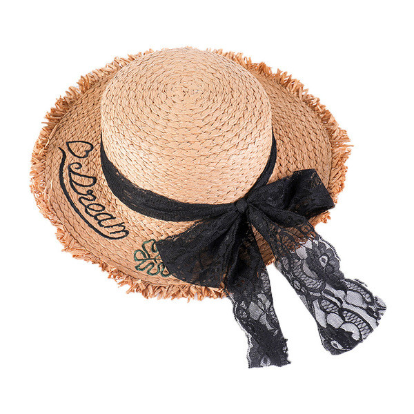 Palarie de plaja eleganta cu broderie si panglica din dantela