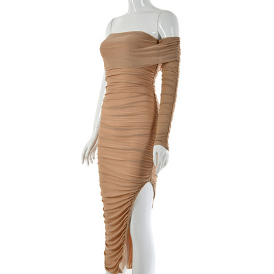 Стилна дамска рокля Slim модел с един ръкав в червен и бежов цвят