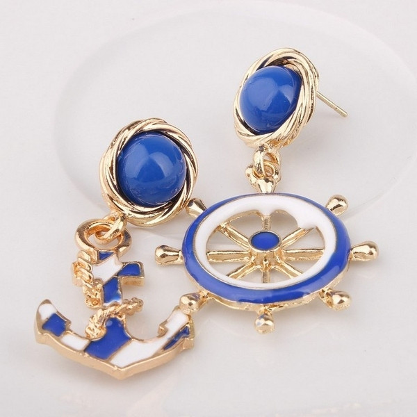 Модерни дамски обеци с висящ елемент в син цвят 