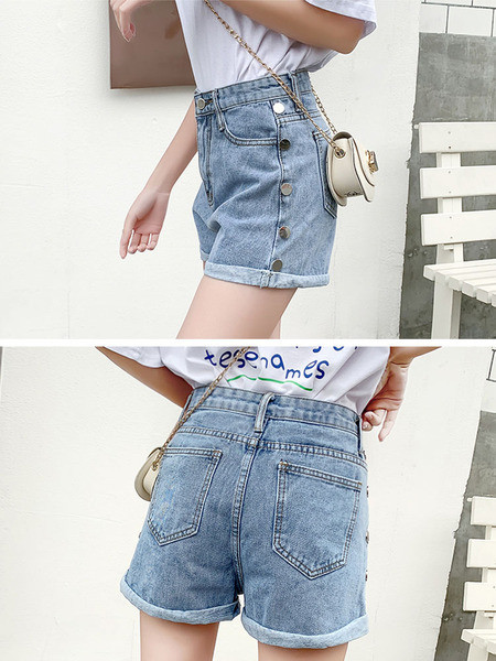 Къси дънкови панталони с висока талия и метални елементи