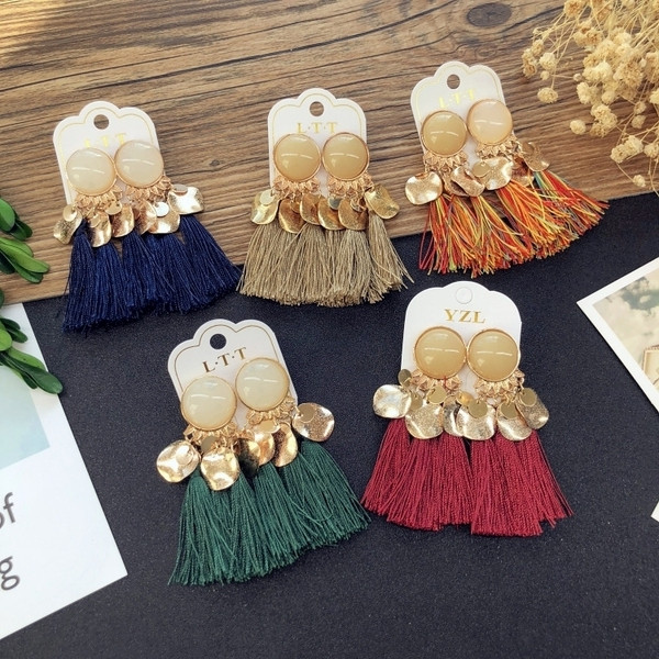 Стилни дамски висящи обеци с камъни в няколко цвята 