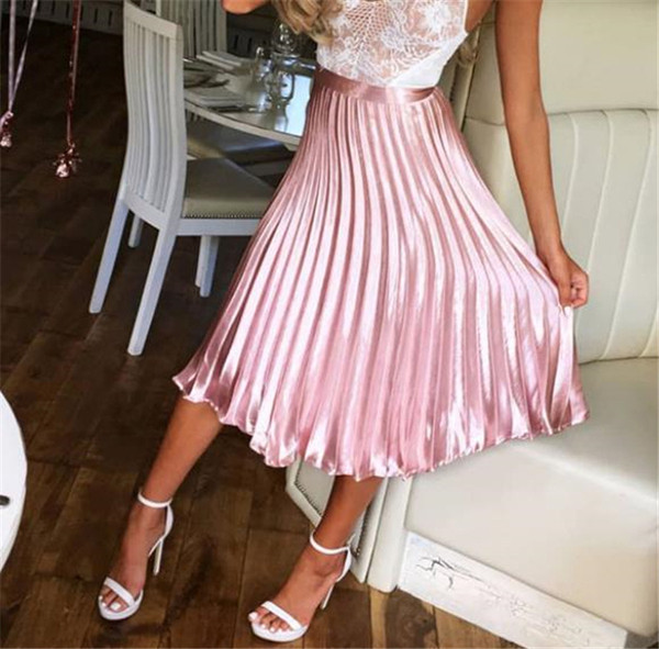 Fusta de damă HIT Current plisată cu talie înaltă, de culoare argintie și roz