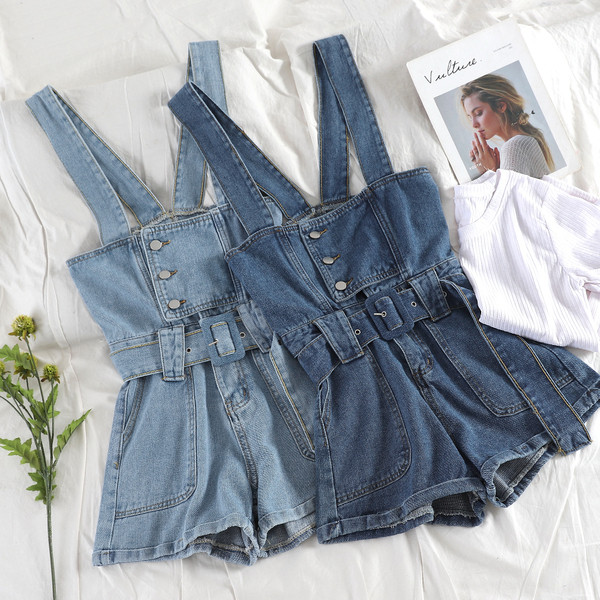 Дамски дънков гащеризон с колан 