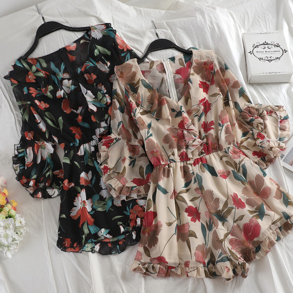 Дамски летен гащеризон с флорален мотив в два цвята