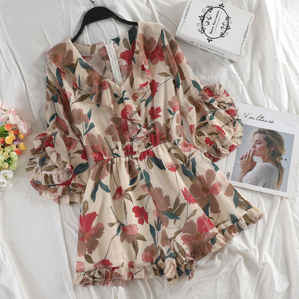 Дамски летен гащеризон с флорален мотив в два цвята