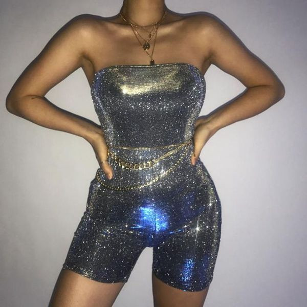 Дамски гащеризон Slim-модел с лъскав ефект в сребрист цвят 