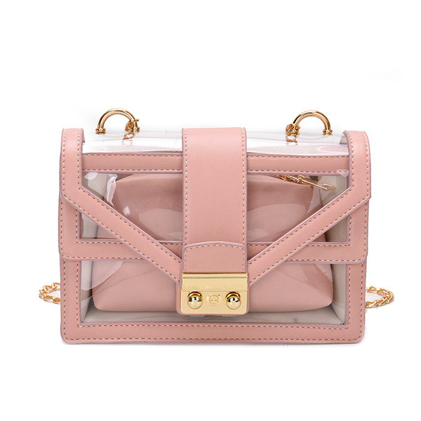 Модерна дамска чанта в три цвята с прозрачно покритие и метална верижка